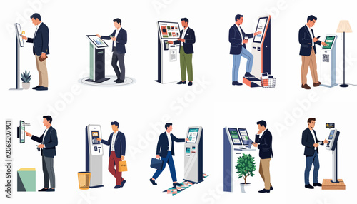 Collection of flat vector illustrations showing a businessman interacting with various digital self-service kiosks, information terminals, and automated payment machines.