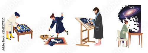 Illustrations of women in bathrobes engaged in the challenging hobby of completing large space-themed jigsaw puzzles at home.