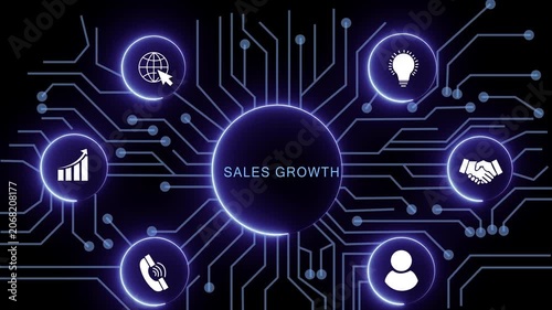sales growth concept with circuit lines and digital symbols hovering above a businessman, technology. manufacturing process management all connected in a digital circle like pattern