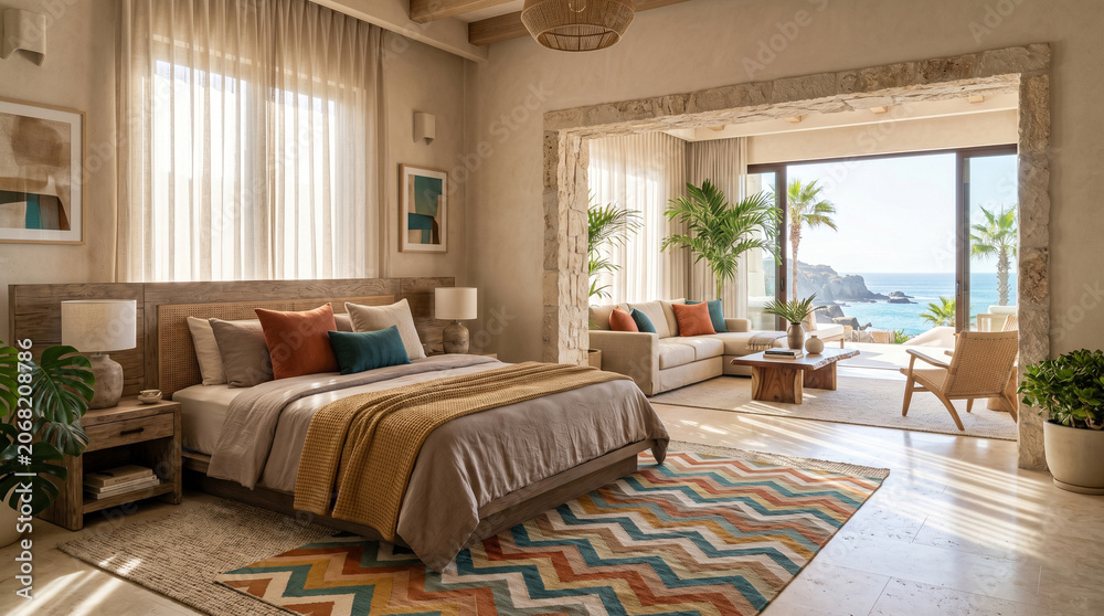 Fototapeta premium Luxury bedroom with ocean view and coastal interior design