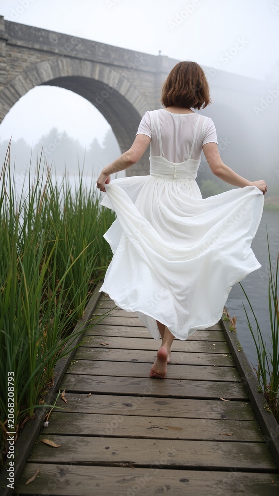 Fototapeta premium Woman in Flowing Dress Walking Barefoot on Wooden Pier