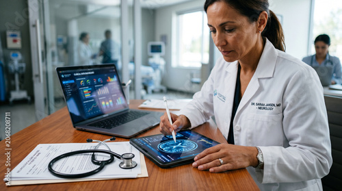Female neurologist reviewing brain scan on tablet in hospital office