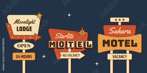 Retro motel signs collection with Moonlight Lodge, Starlite Motel, Sahara Motel and vacancy signboards. Vector illustration in mid century 1950s style