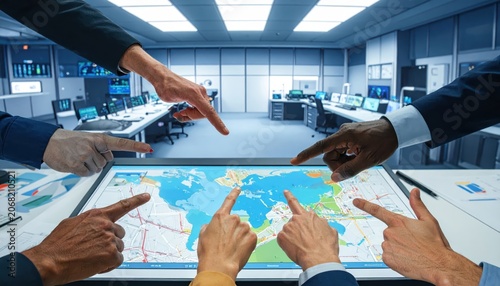 Diverse team collaborating on a digital world map in a modern control room environment.