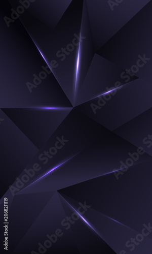 Abstract Dark Purple Low Poly Geometric Background with Glowing Light Streaks