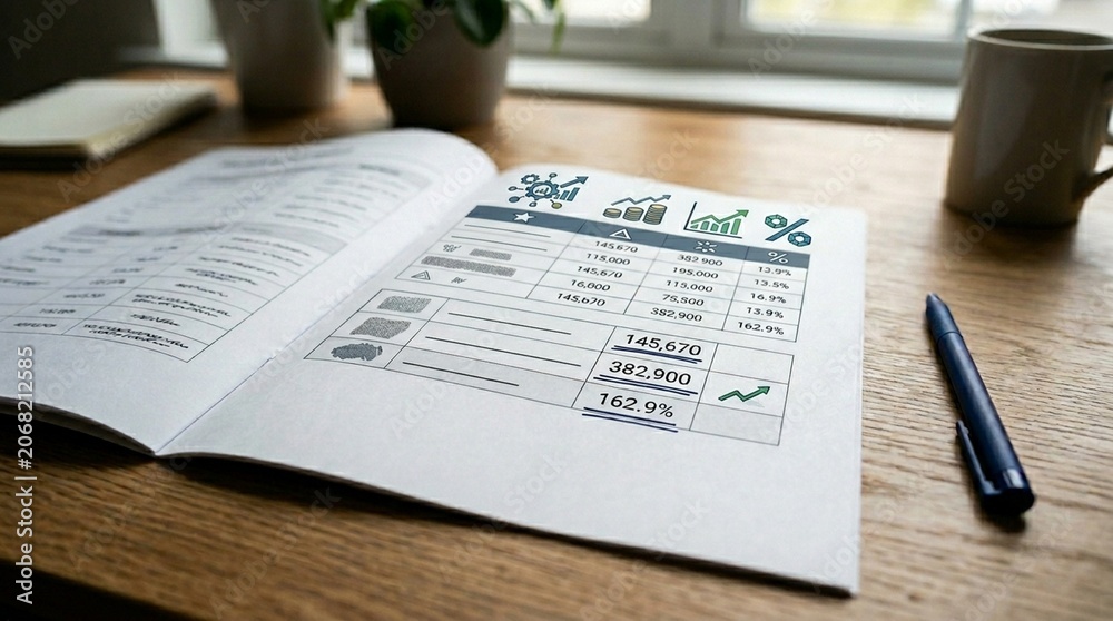 Obraz premium Marketing ROI report on desk with pen for performance analysis concept