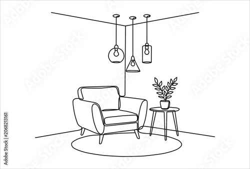 Continuous line drawing of a cozy armchair with a side table and pendant lights in a corner