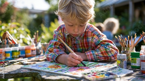 Young boy concentrating on detailed flower painting on a garden rock worktable with art supplies softly blurred behind capturing the communal and creative vibe under bright natural