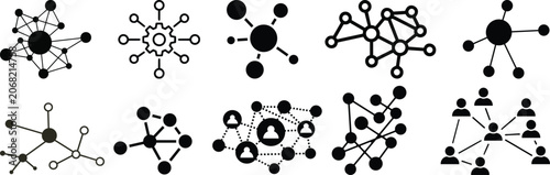 Photos Network icon set glyphs, connectivity connection node and link symbols, nodes an