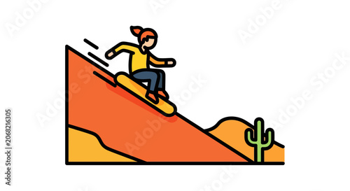 Woman snowboarding down orange sand dune slope.
