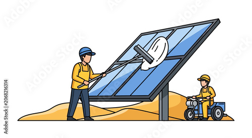 Workers cleaning solar panels in desert environment.