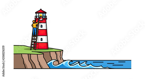 Worker painting a lighthouse on rocky cliff.
