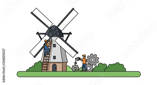 Workers performing maintenance on a traditional windmill.