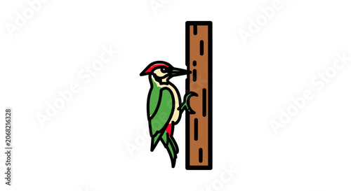 Woodpecker bird perched on tree trunk.