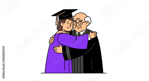Young and elderly graduates hugging in celebration.