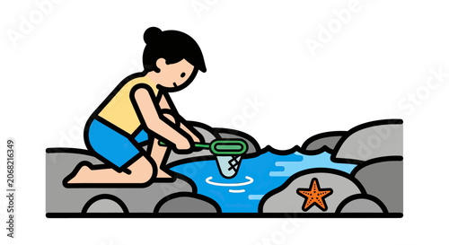 Young girl exploring tide pools with net and starfish.