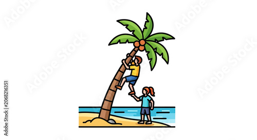 Young children climbing palm tree on tropical sandy beach.