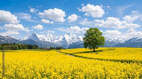 A single tree stands tall in a vast field of yellow flowers with snow-capped mountains under a blue sky with fluffy clouds.