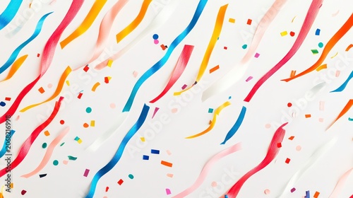 Colorful streamers and confetti on white background Birthday or party decoration Top view flat lay