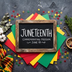 Vibrant Juneteenth celebration with chalkboard sign on colorful paper background