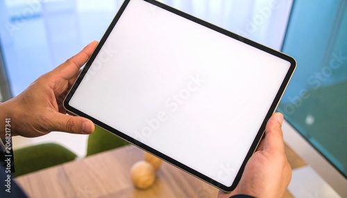 A businessman holds a mockup. iPad digital tablet with blank screen Mockup replaces your design mockup in the office. gen ai