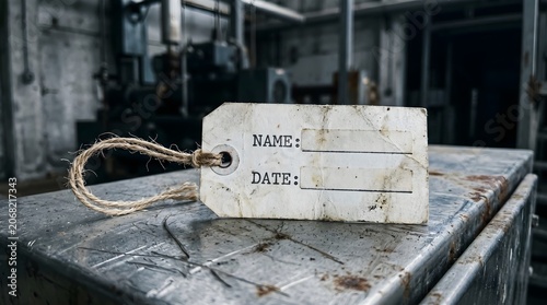 A weathered white tag sits on a metal surface in an industrial setting.