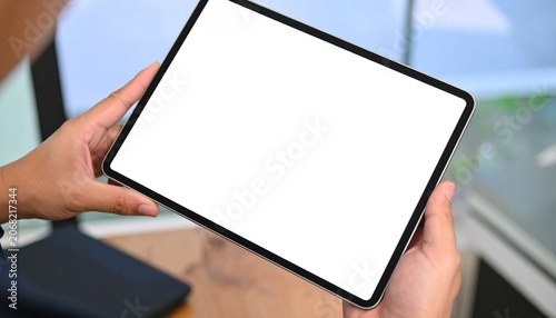 A businessman holds a mockup. iPad digital tablet with blank screen Mockup replaces your design mockup in the office. gen ai