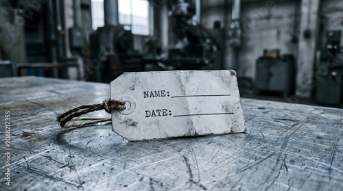 A close-up view of a worn metal tag on a scratched table in an industrial workshop setting with machinery