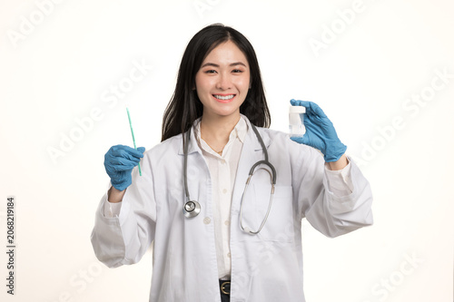 Asia doctor hand wear blue gloves gives advice about liquid base cytology to patient isolate on white background.Gynecologist working for vaginal and cervix pap smear patient in the obstetrics unit