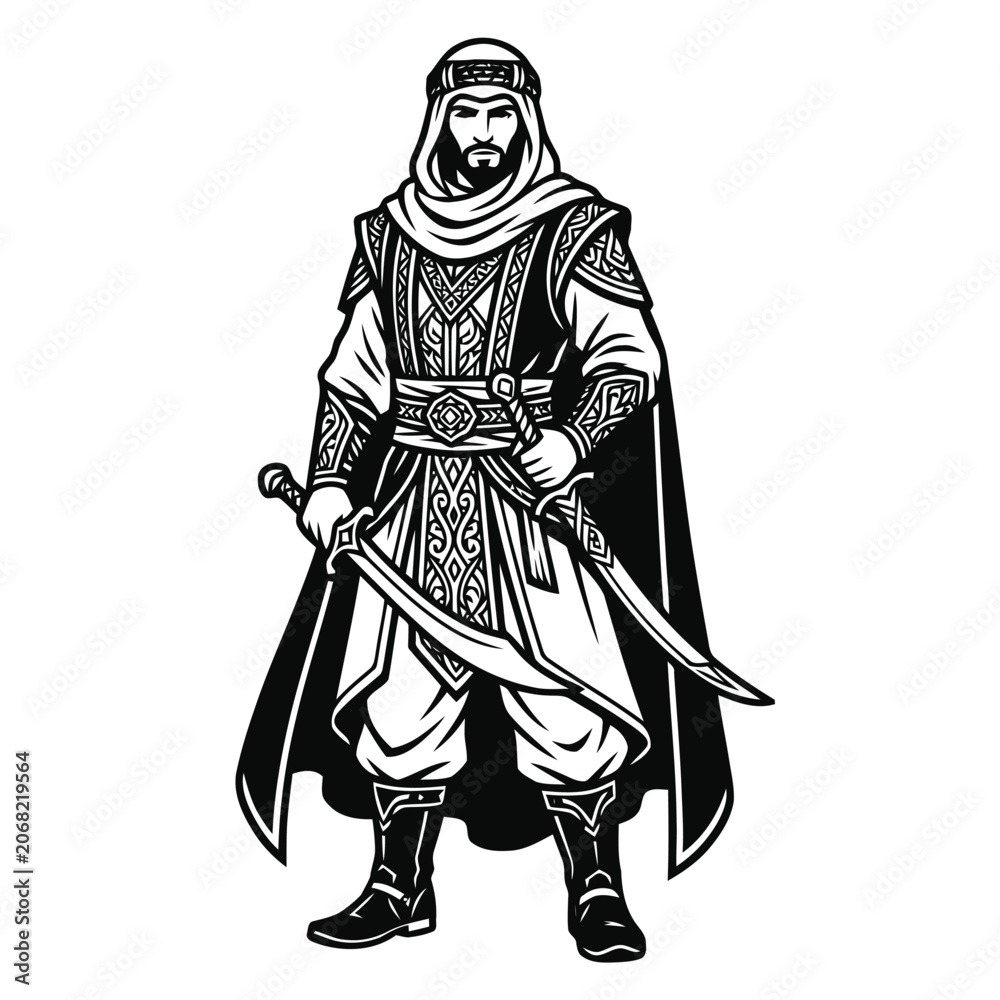 Obraz premium Illustrations of an Arabian warrior in traditional attire, holding two swords, standing proudly