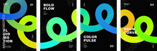 Abstract modern neon wavy line poster set with bold wave curves, flowing fluid lines backgrounds, vibrant gradients, and modern typography for creative design.