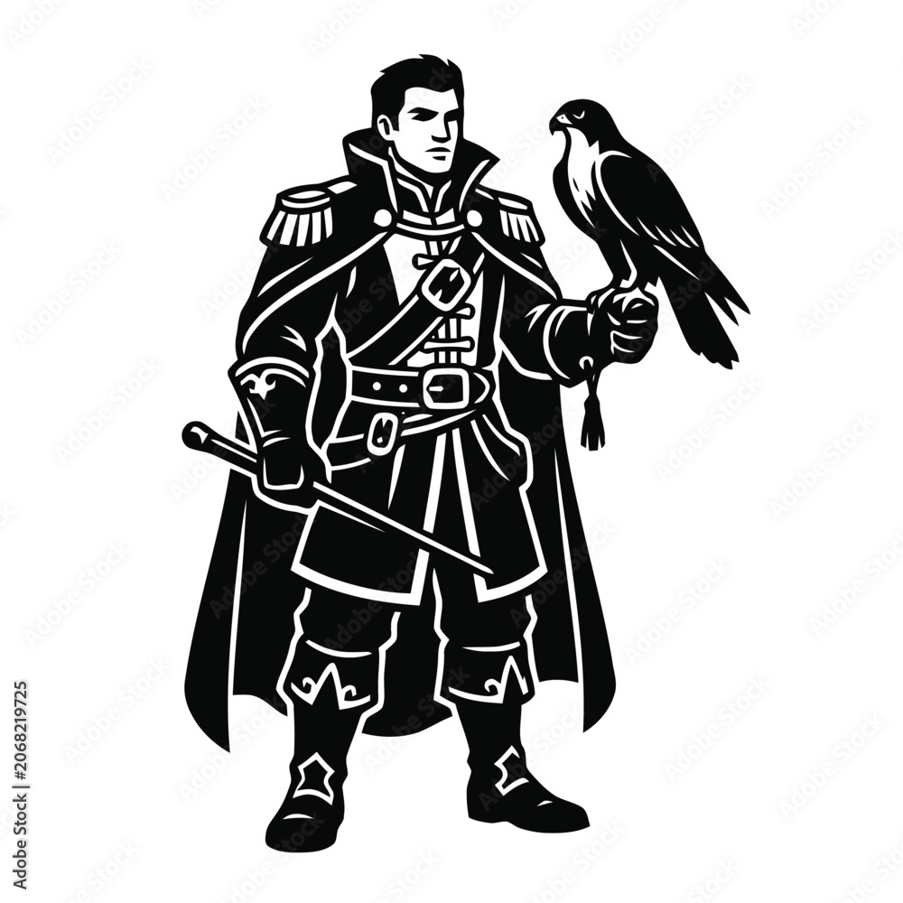 Fototapeta premium Military Commander in Vintage Uniform Standing with a Trained Falcon for Historical Concept Illustration