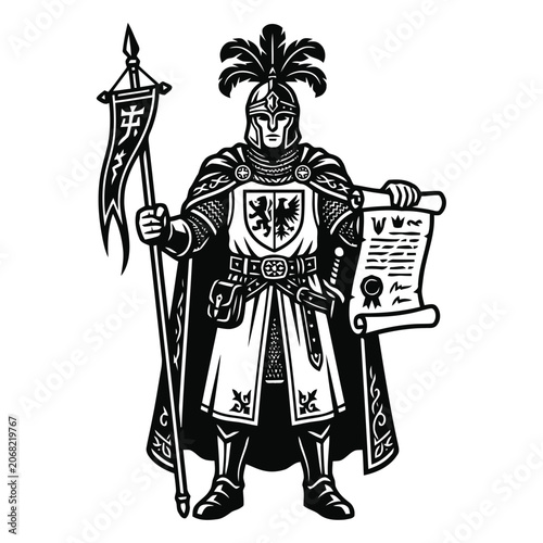 Medieval knight herald warrior in full armor holding a spear banner and proclamation scroll black and white graphic illustration
