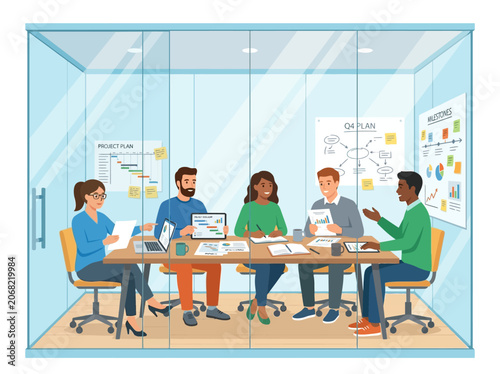 Business team collaborating in a glass meeting room office space