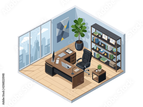 Modern executive office room with isometric city view