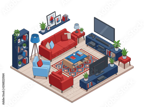 Canvas Print Modern isometric living room with red sofa and entertainment center