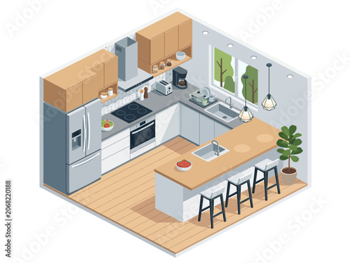 Modern isometric kitchen interior design with island and appliances