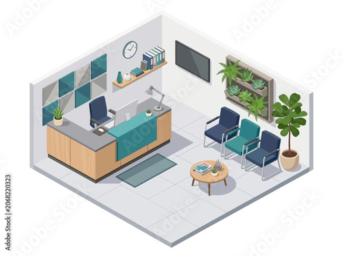 Modern isometric office reception desk and waiting room lounge