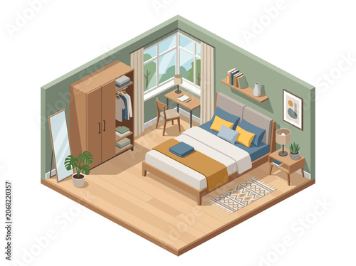 Modern isometric bedroom interior with workspace and furniture