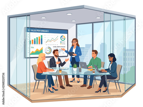 Business team discussing sales performance in a glass office room