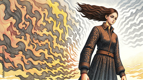 gothic style illustration of woman in a trance or deep thought radiating energy as she moves