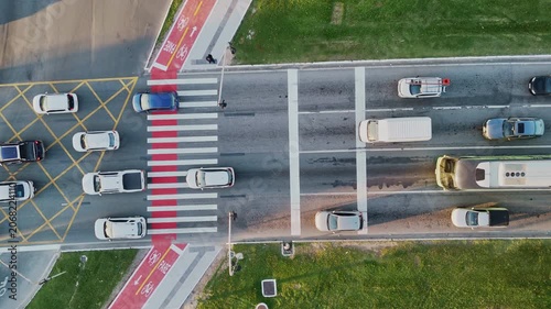Top Down Aerial View of City Traffic Jam with Multiple Vehicles on Multi-Lane Highway Avenue Street Road