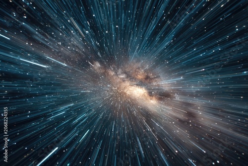A dynamic view of the Milky Way galaxy from within, streaking outward into space