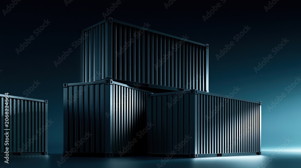 Naklejka premium Stacked metal shipping containers in a dark, moody studio setting