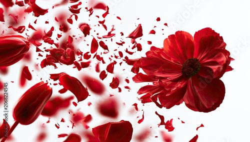 Red flowers and petals exploding and scattering in white space