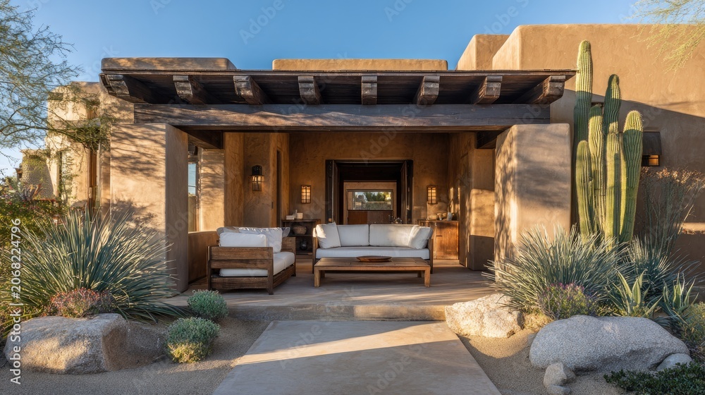 Obraz premium Desert oasis resort patio with comfortable seating and cacti