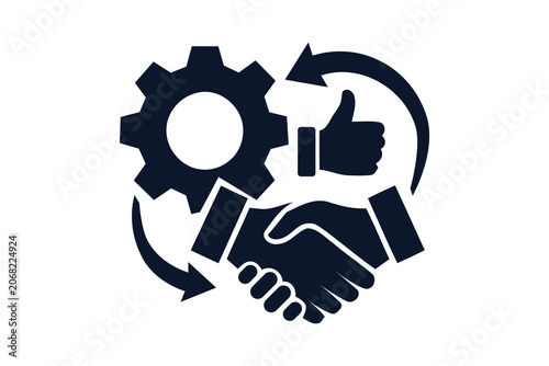 Handshake with gear and thumbs up in circular arrows