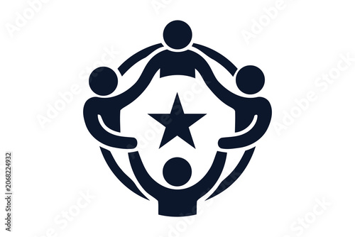 Vector illustration of four people forming a circle around a star