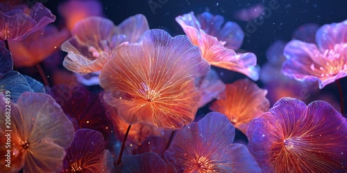 Ethereal, translucent floral blooms bathed in soft, glowing light