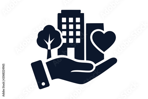 Hand holding a tree, building, and heart in a symbolic gesture of care